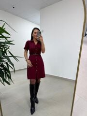 Mc 5083 Bordo Düğme Detaylı Kemerli Elbise