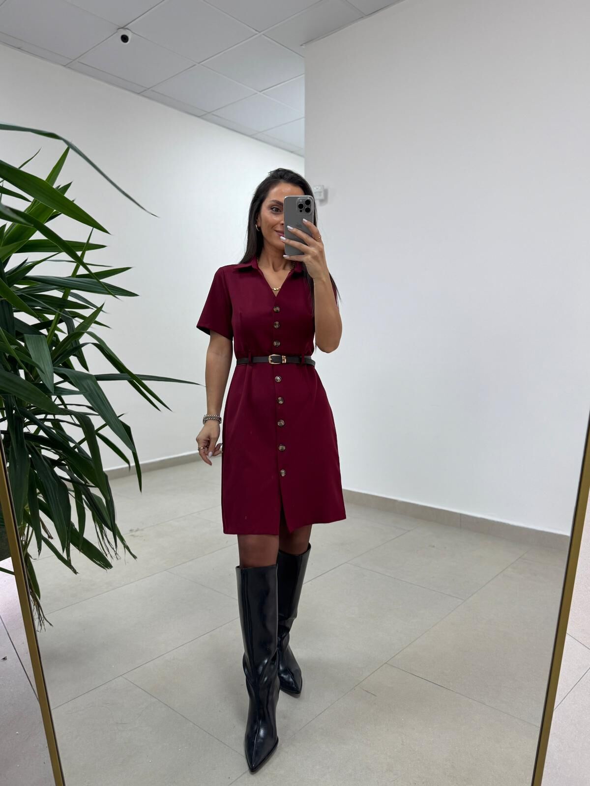 Mc 5083 Bordo Düğme Detaylı Kemerli Elbise