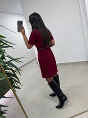 Mc 5083 Bordo Düğme Detaylı Kemerli Elbise