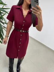 Mc 5083 Bordo Düğme Detaylı Kemerli Elbise