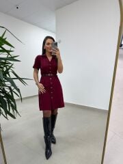 Mc 5083 Bordo Düğme Detaylı Kemerli Elbise