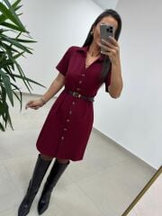 Mc 5083 Bordo Düğme Detaylı Kemerli Elbise
