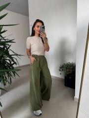 Dm 4003 Haki Yıkamalı Plazzo Pantolon