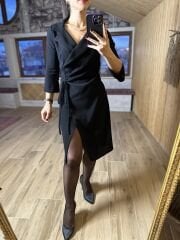 Ms Ceket yaka yan drapeli siyah elbise