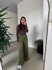 Dm 4003 Haki Yıkamalı Plazzo Pantolon