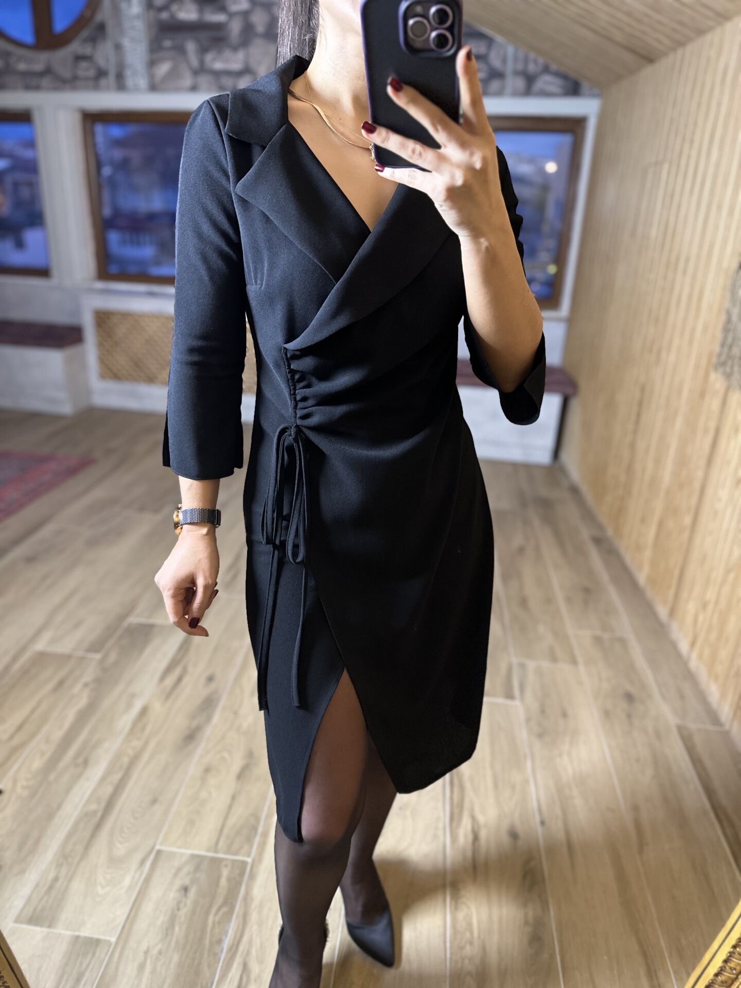 Ms Ceket yaka yan drapeli siyah elbise