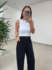 Fp 51078 Gold Düğmeli Bel Lastikli Siyah Palazzo Pantolon