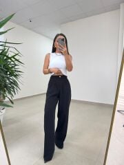 Fp 51078 Gold Düğmeli Bel Lastikli Siyah Palazzo Pantolon