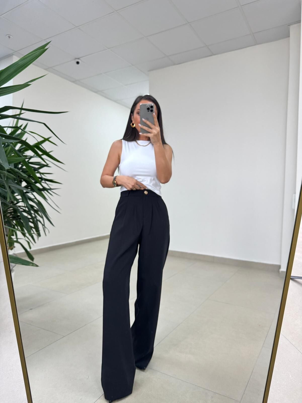 Fp 51078 Gold Düğmeli Bel Lastikli Siyah Palazzo Pantolon