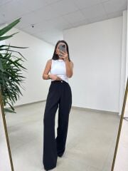 Fp 51078 Gold Düğmeli Bel Lastikli Siyah Palazzo Pantolon