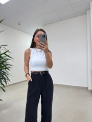 Fp 51078 Gold Düğmeli Bel Lastikli Siyah Palazzo Pantolon