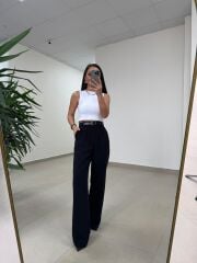 Fp 51078 Gold Düğmeli Bel Lastikli Siyah Palazzo Pantolon