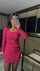 My 3049 Kare Yaka Kemerli Pembe Elbise