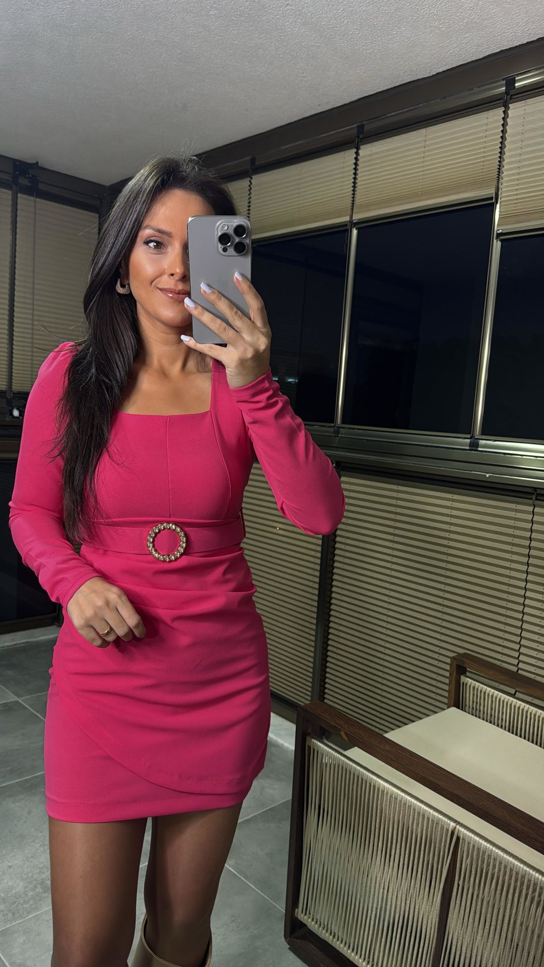 My 3049 Kare Yaka Kemerli Pembe Elbise