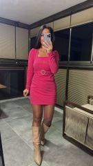 My 3049 Kare Yaka Kemerli Pembe Elbise