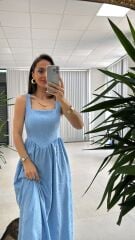 My 3972 Kare Yaka Bebe Mavi Nakışlı Elbise