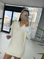 Krem V Yaka Süveter Triko Elbise