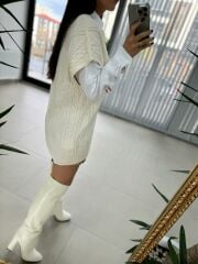 Krem V Yaka Süveter Triko Elbise