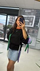Kurdele Detaylı Siyah Sweat