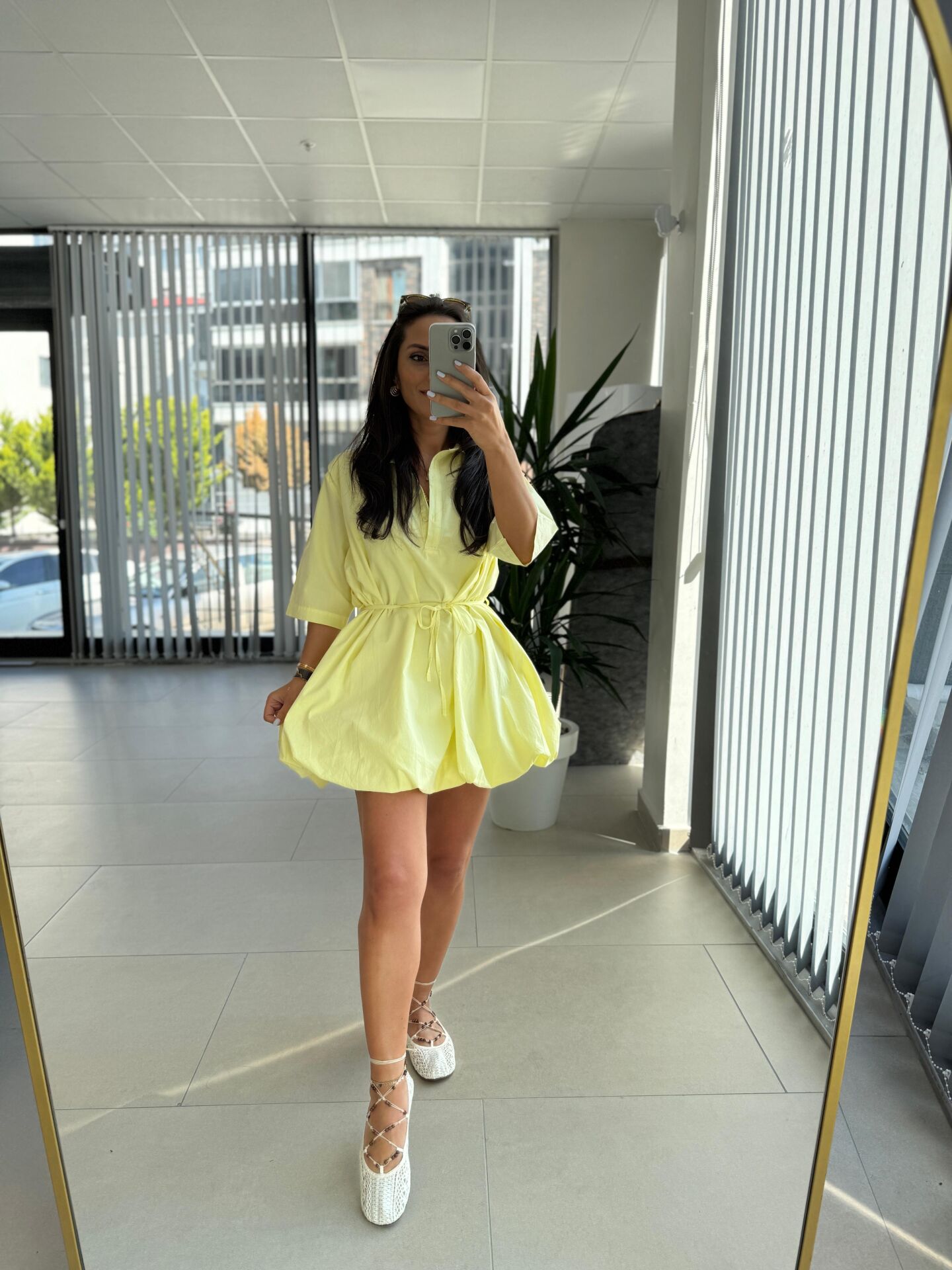 Cr 1004 Balon Etekli Sarı Mini Elbise