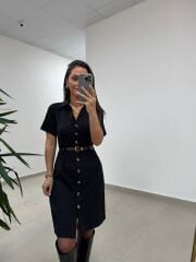 Mc 5083 Siyah Düğme Detaylı Kemerli Elbise