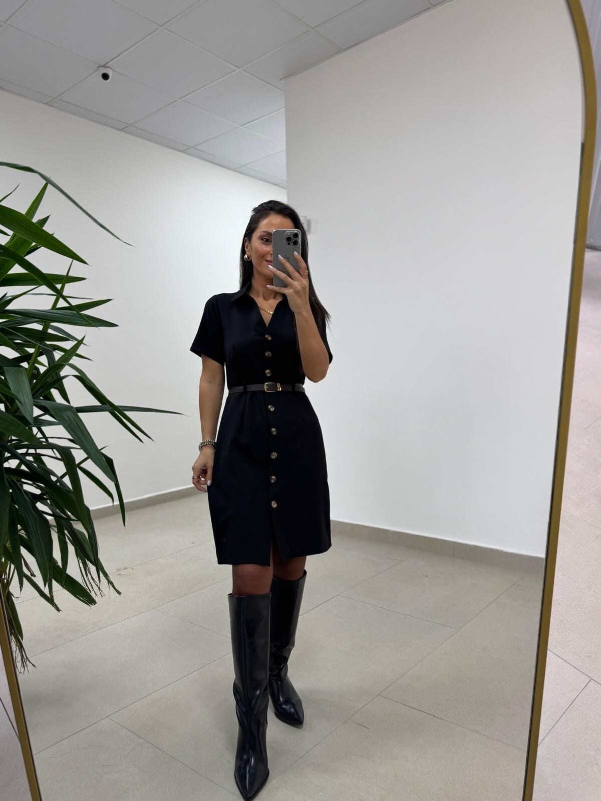 Mc 5083 Siyah Düğme Detaylı Kemerli Elbise