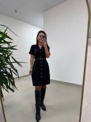 Mc 5083 Siyah Düğme Detaylı Kemerli Elbise