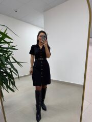 Mc 5083 Siyah Düğme Detaylı Kemerli Elbise