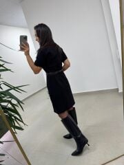 Mc 5083 Siyah Düğme Detaylı Kemerli Elbise