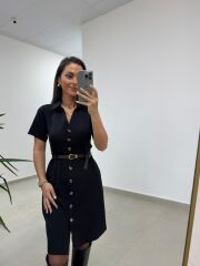 Mc 5083 Siyah Düğme Detaylı Kemerli Elbise