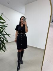 Mc 5083 Siyah Düğme Detaylı Kemerli Elbise