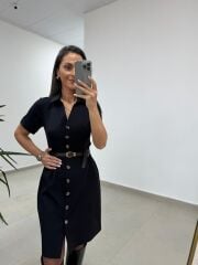 Mc 5083 Siyah Düğme Detaylı Kemerli Elbise