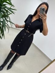 Mc 5083 Siyah Düğme Detaylı Kemerli Elbise