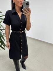 Mc 5083 Siyah Düğme Detaylı Kemerli Elbise