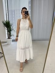 Krinkıl Halter Yaka Beyaz Elbise