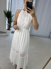 Krinkıl Halter Yaka Beyaz Elbise