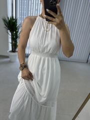 Krinkıl Halter Yaka Beyaz Elbise