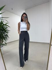 Fp 51078 Gold Düğmeli Bel Lastikli Antrasit Palazzo Pantolon