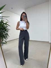 Fp 51078 Gold Düğmeli Bel Lastikli Antrasit Palazzo Pantolon