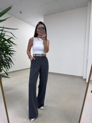 Fp 51078 Gold Düğmeli Bel Lastikli Antrasit Palazzo Pantolon