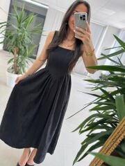 My 3872 Kare Yaka Siyah Nakışlı Elbise