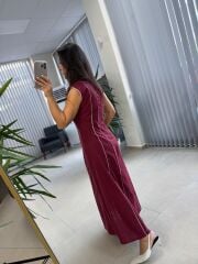 Fw O402 Marka Model Bordo-Beyaz Biyeli Keten Elbise