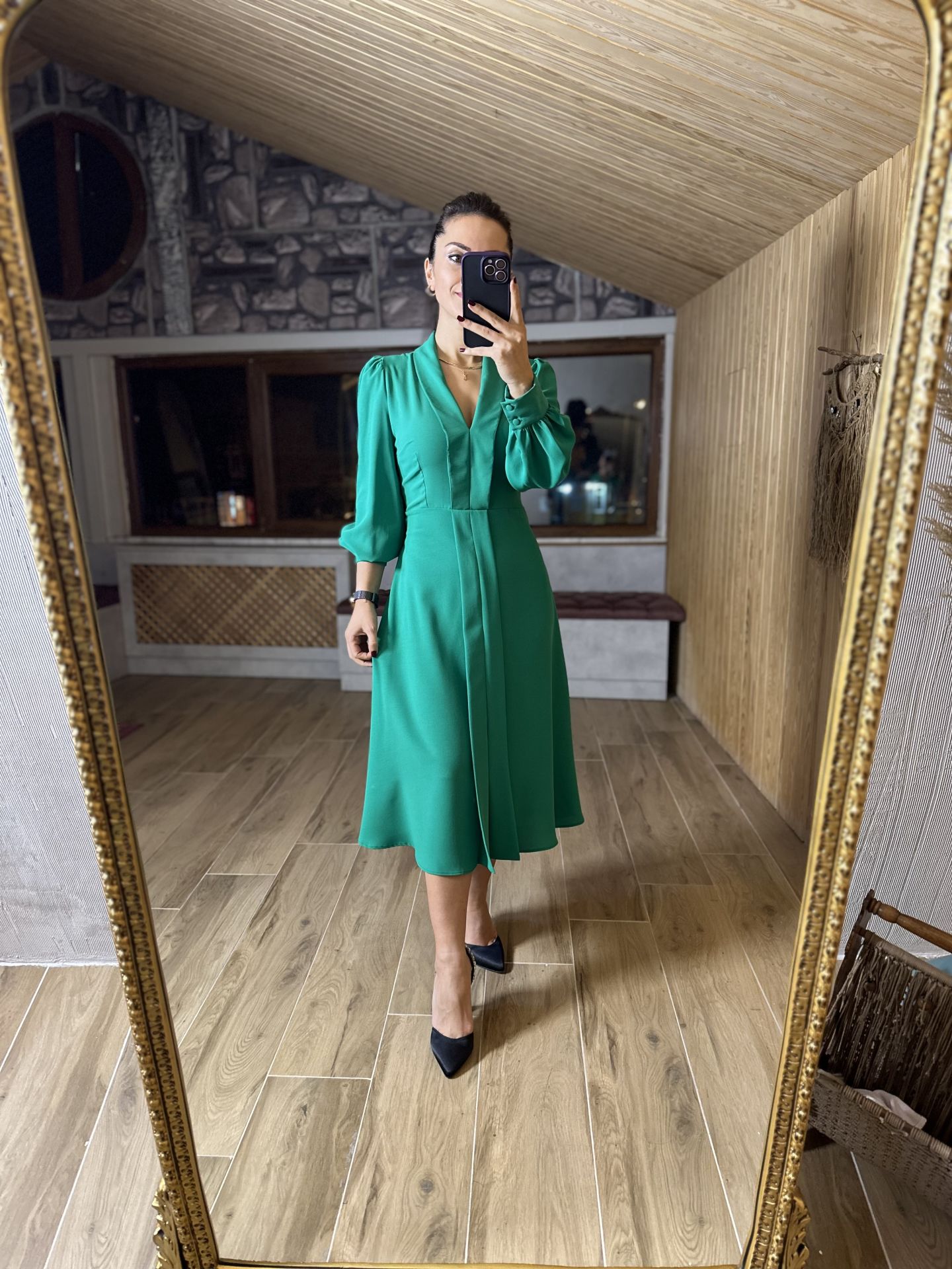 Ms Ceket Yaka Midi Yeşil Elbise
