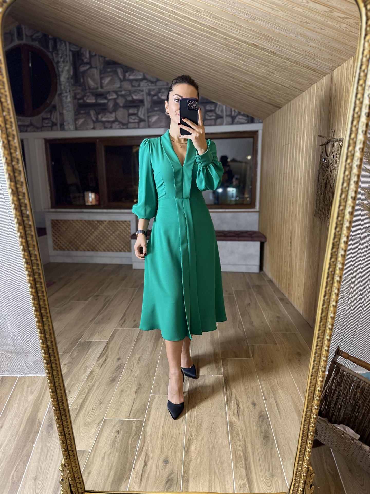 Ms Ceket Yaka Midi Yeşil Elbise