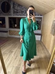 Ms Ceket Yaka Midi Yeşil Elbise