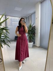 Fw O402 Marka Model Bordo-Beyaz Biyeli Keten Elbise