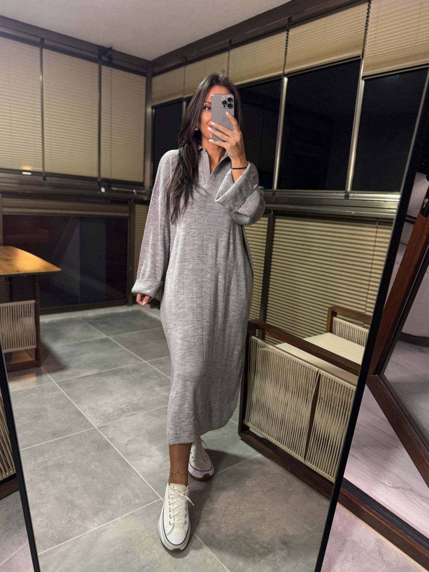 Polo Yaka Gri Oversize Triko Elbise