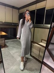 Polo Yaka Gri Oversize Triko Elbise