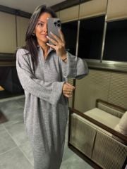 Polo Yaka Gri Oversize Triko Elbise