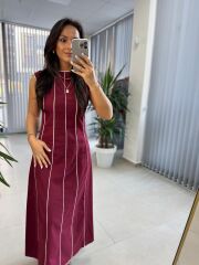 Fw 0402 Marka Model Bordo-Beyaz Biyeli Keten Elbise